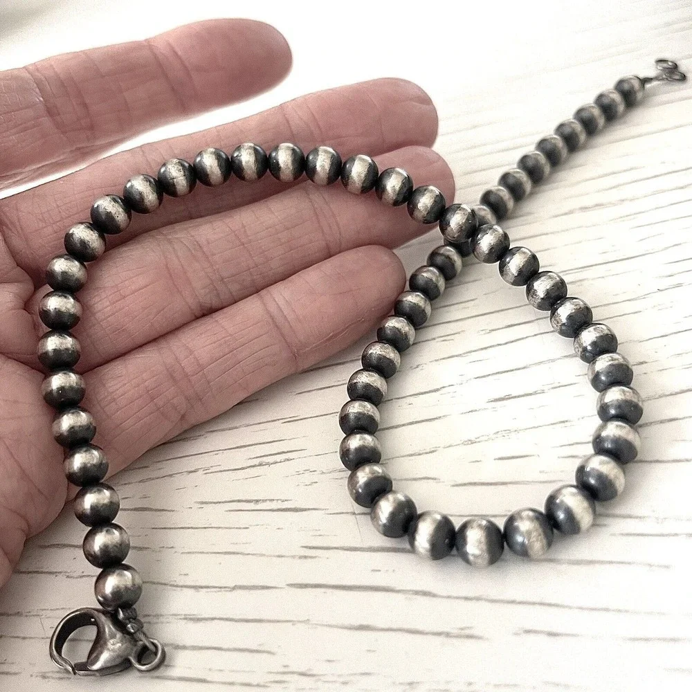 Navajo Pearls Necklace 16in Choker 6mm Beads 925 Sterling Silver Matte 16g